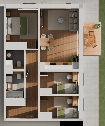 Rzut mieszkania z góry: hol z szafą, korytarz, dwie łazienki, salon z aneksem i balkonem, sypialnia i dwa pokoje